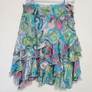 Vtg 100% Silk Paisley Ruffle Low Rise Tiered Skirt Y2K Coquette Fairycore Preppy